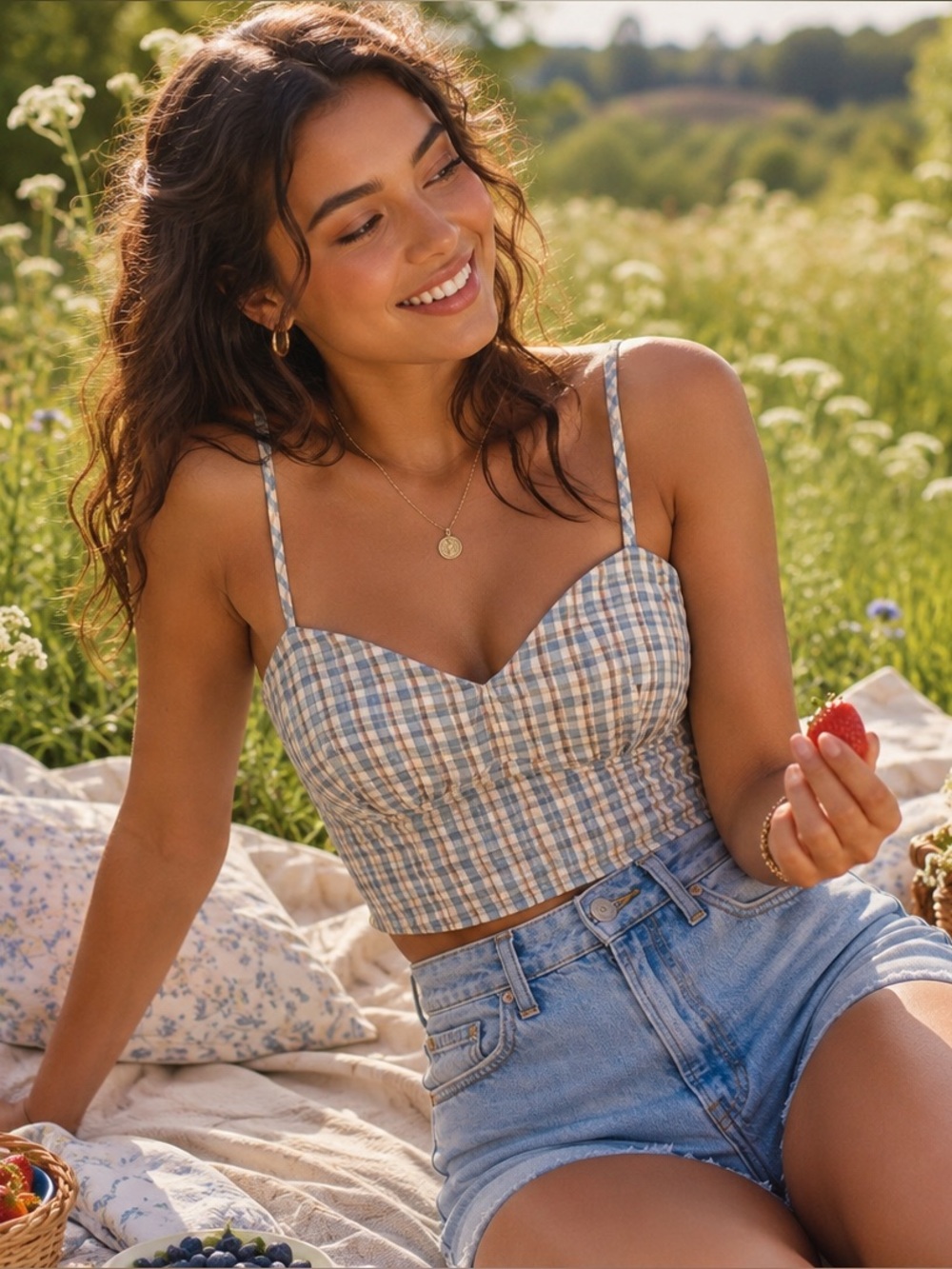 Forever 21 Blue Gingham Sweetheart Crop Top Large 🌸🌺🌼